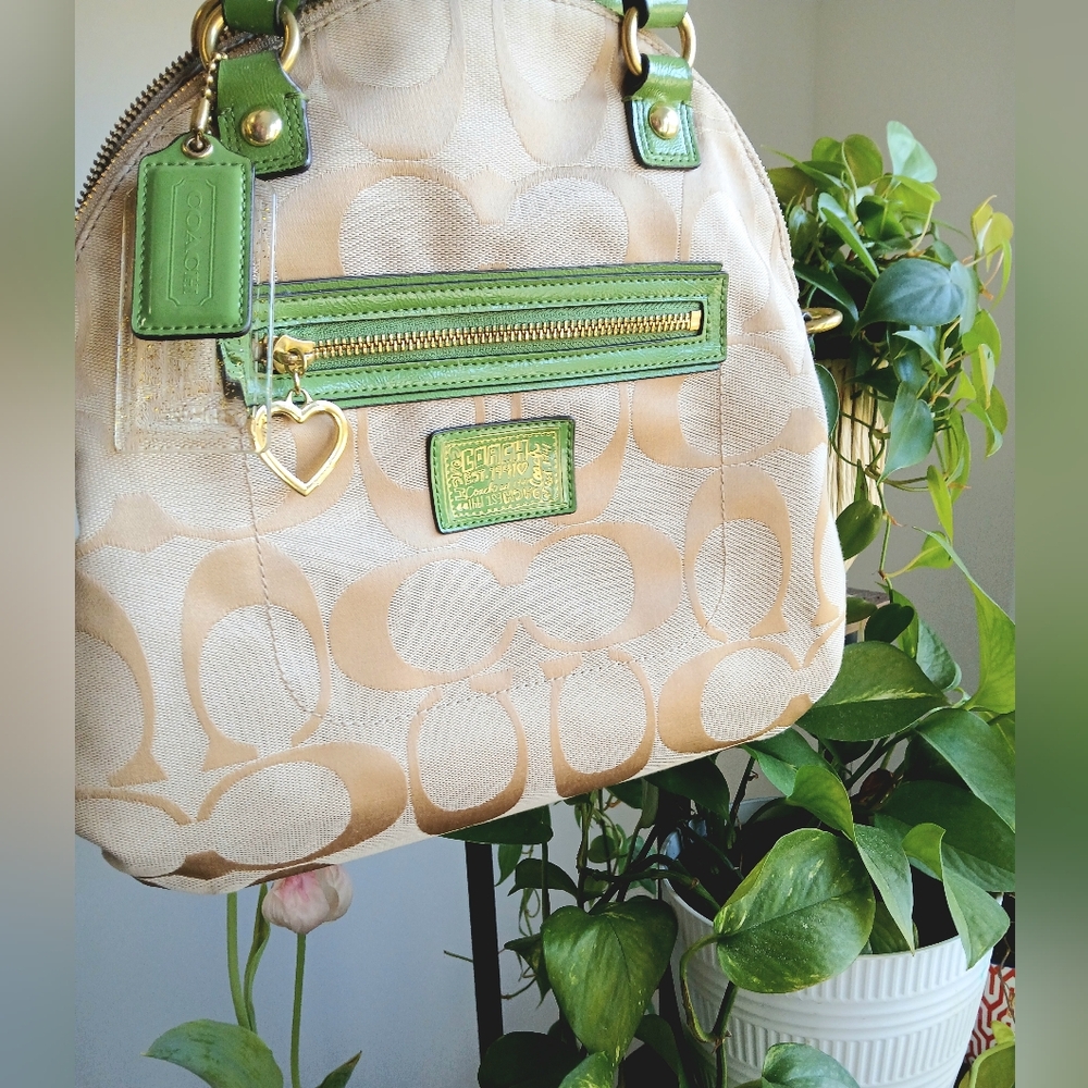 Coach Beige Satchel with Green Trim and Gold Hardware